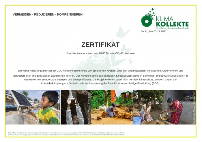 Zertifikat über die Kompensation unseres Heizöls